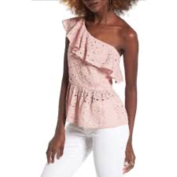 J.O.A. Pink Floral Eyelet Lace One Shoulder Peplum Top L - Picture 1 of 9